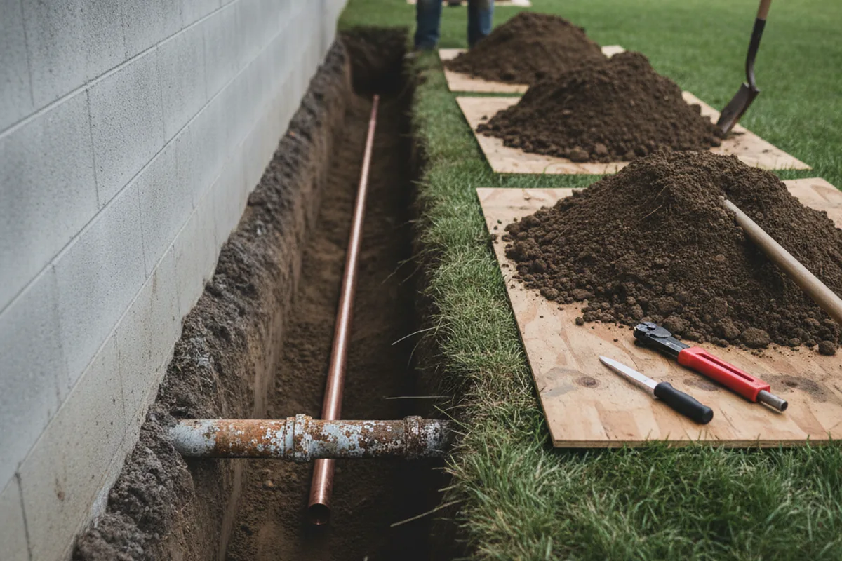 Excavated water line trench during Sewer Line Repair in Guin